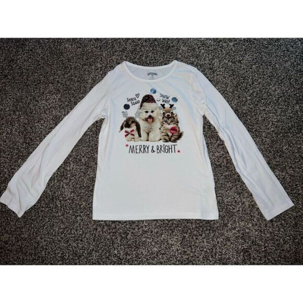 Holiday time Girls white long sleeve Merry & Bright shirt size 10/12